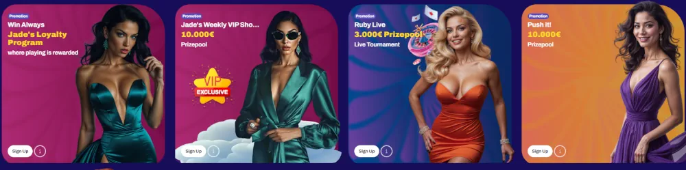 Section des spécialités Candy Spinz mettant en avant le statut VIP, les défis et le bonus crabe.